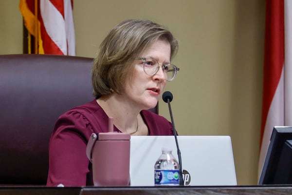 Board member Sara Tindall Ghazal looks during a State Election Board meeting at the Dawson County Government Center on Wednesday, April 15, 2026.  (Miguel Martinez/AJC)
