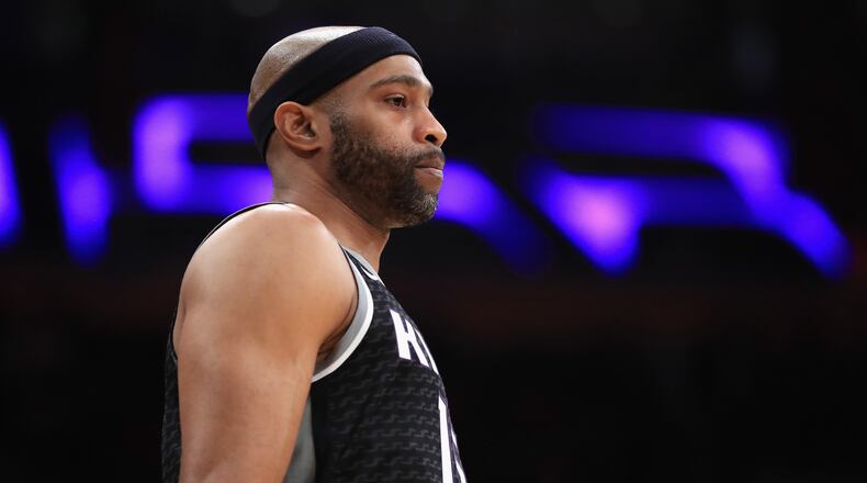 Vince Carterof the Sacramento Kings looks on during the first half of a game against the Los Angeles Lakers at Staples Center on January 9, 2018 in Los Angeles, California.