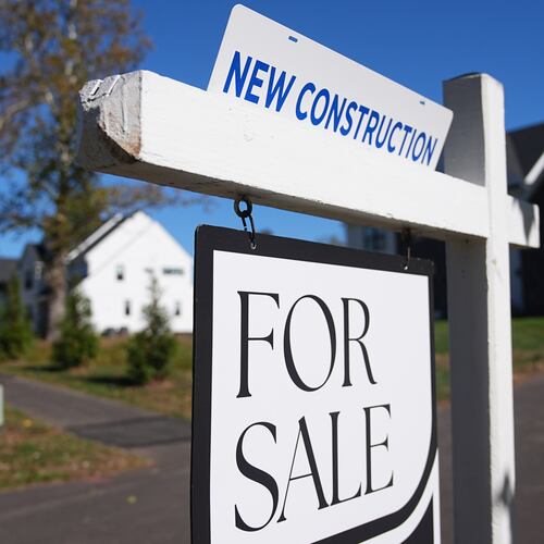 FILE - A sign is posted for a new home for sale in Ambler, Pa., Oct. 16, 2025. (AP Photo/Matt Rourke, File)