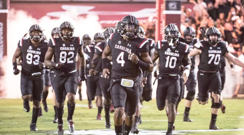 South Carolina linebacker Bryson Allen-Williams (4) takes the field with teammates before kickoff of an NCAA college football game against Kentucky on Saturday, Sept. 16, 2017, in Columbia, S.C. Kentucky defeated South Carolina 23-13. (AP Photo/Sean Rayford)
