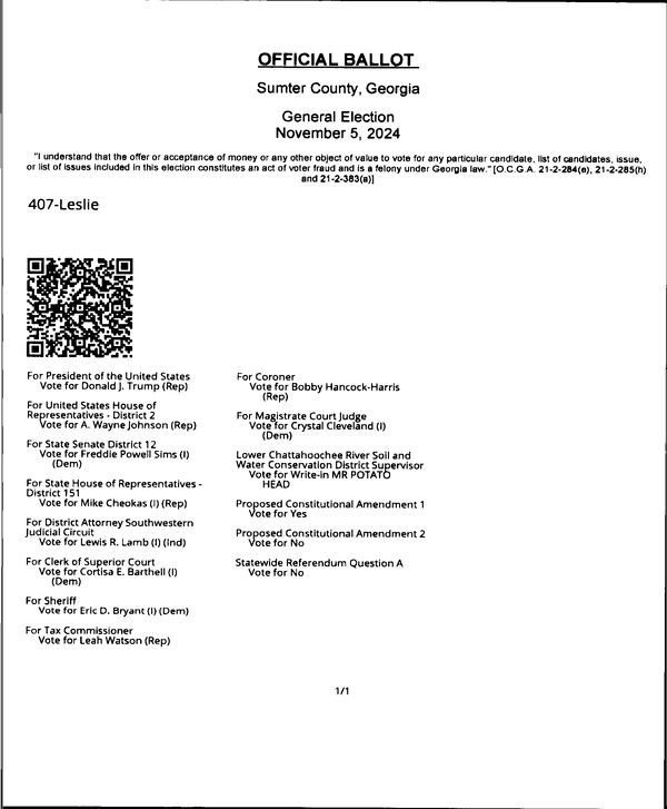 A Sumter County voter wrote in "Mr. Potato Head" for soil and water district supervisor. The secretary of state's office is investigating why votes for fictional characters were awarded to another candidate. Source: Georgia ballot image library