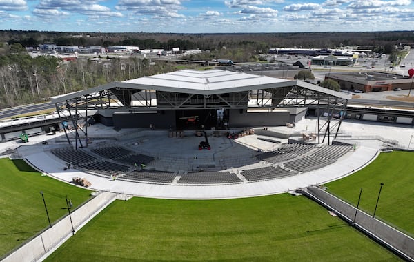 Aerial photograph show Macon Amphitheater in the final stages of construction near Macon Mall in March 2024. (Hyosub Shin/AJC) 