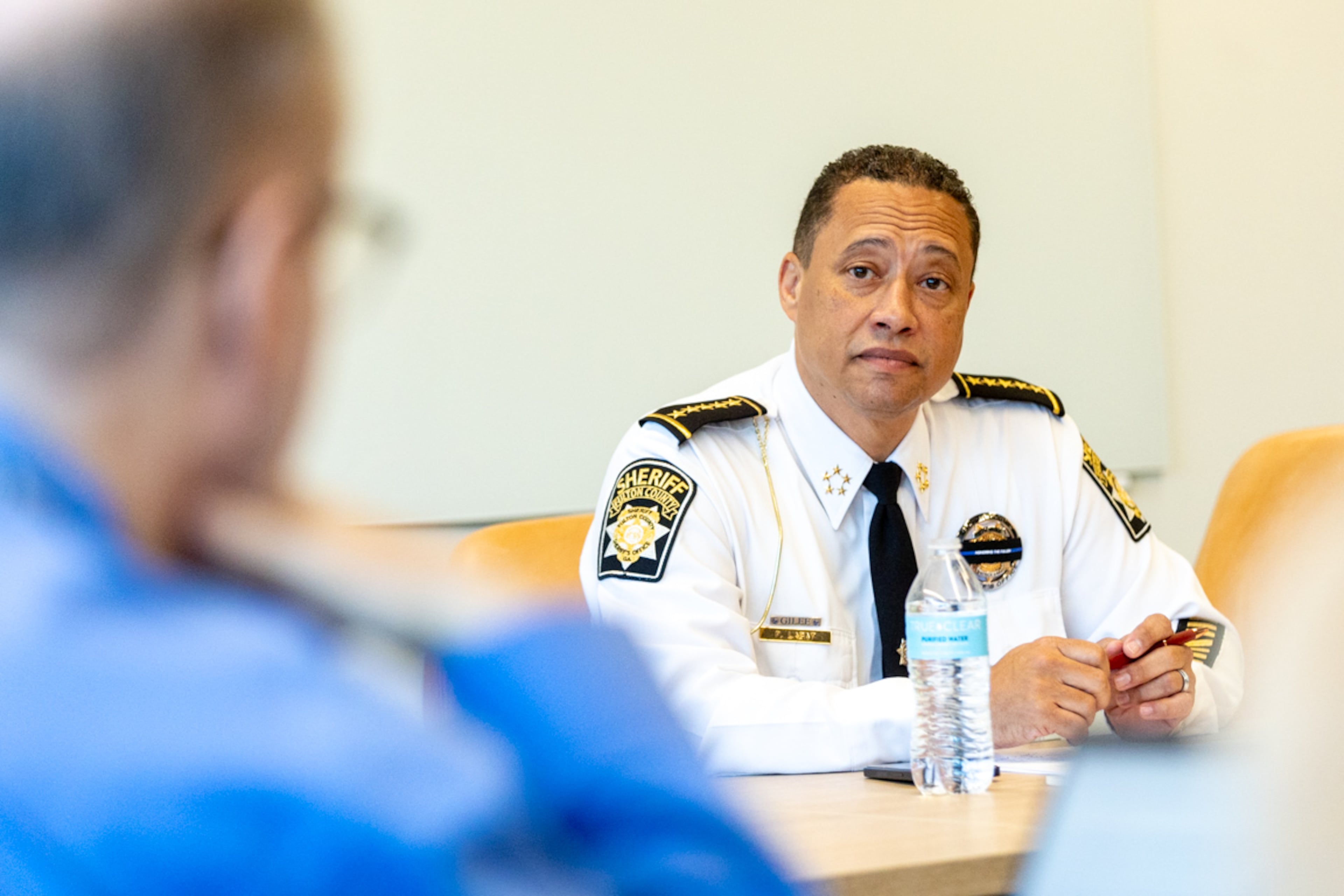 Sheriff Patrick Labat talks at an editorial board meeting in Atlanta on Wednesday, February 21, 2024. (Steve Schaefer/steve.schaefer@ajc.com)
