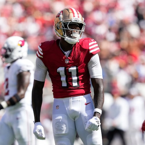 FILE - San Francisco 49ers wide receiver Brandon Aiyuk (11) reacts during the first half of an NFL football game against the Arizona Cardinals, Oct. 6, 2024, in Santa Clara, Calif. (AP Photo/Godofredo A. Vásquez, File)