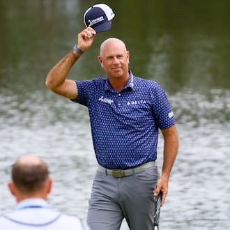 Stewart Cink thanks the spectators after finishing his round during the final round of the Mitsubishi Classic senior golf tournament at TPC Sugarloaf, Sunday, April 28, 2024, in Duluth. Cink hosts the event each year. (Miguel Martinez/AJC)