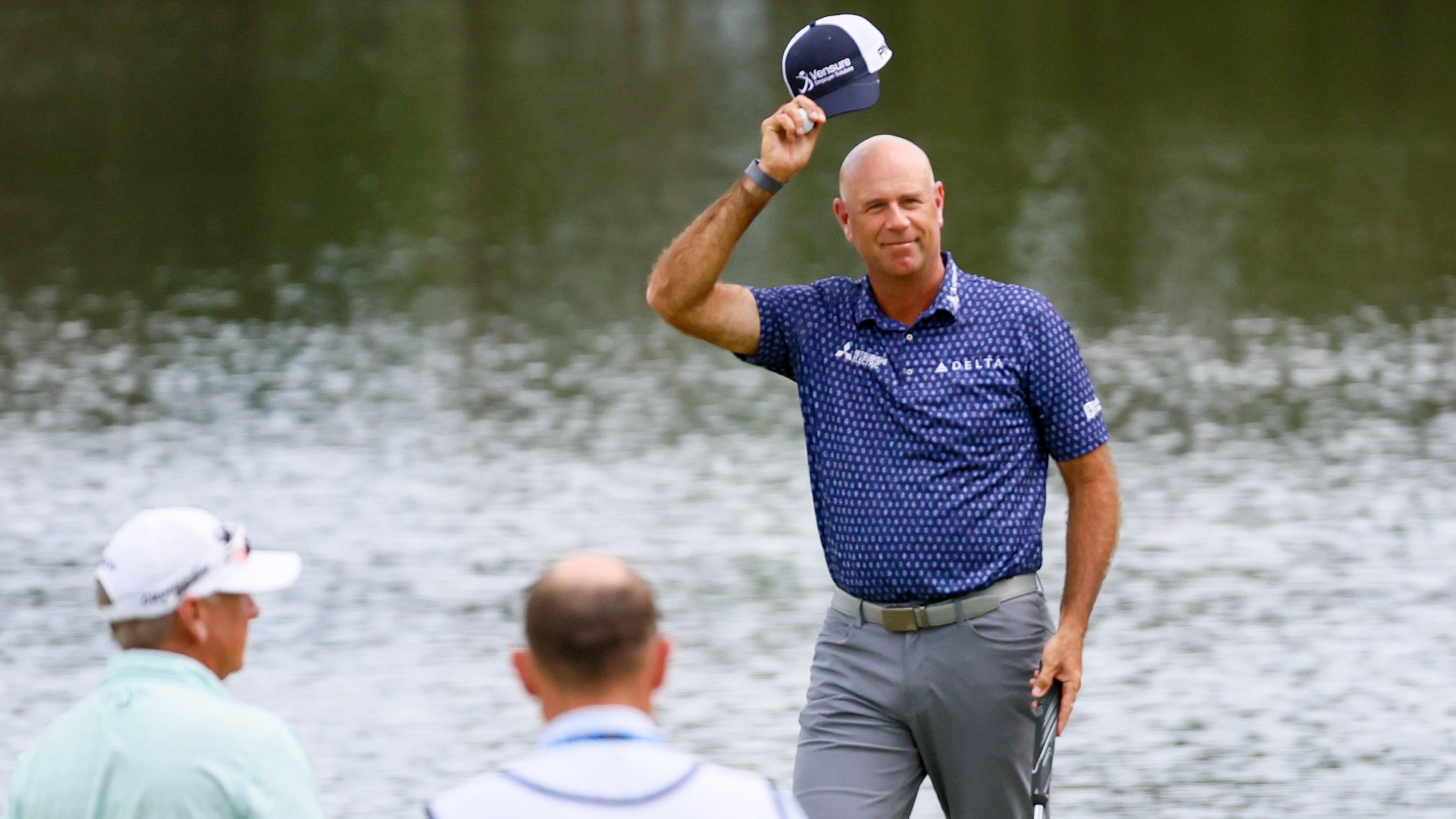 Stewart Cink thanks the spectators after finishing his round during the final round of the Mitsubishi Classic senior golf tournament at TPC Sugarloaf, Sunday, April 28, 2024, in Duluth. Cink hosts the event each year. (Miguel Martinez/AJC)