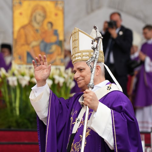Pope Leo XIV arrives to celebrate a Holy Mass at Beirut's waterfront in Beirut, Lebanon Tuesday, Dec. 2, 2025. (AP Photo/Domenico Stinellis)