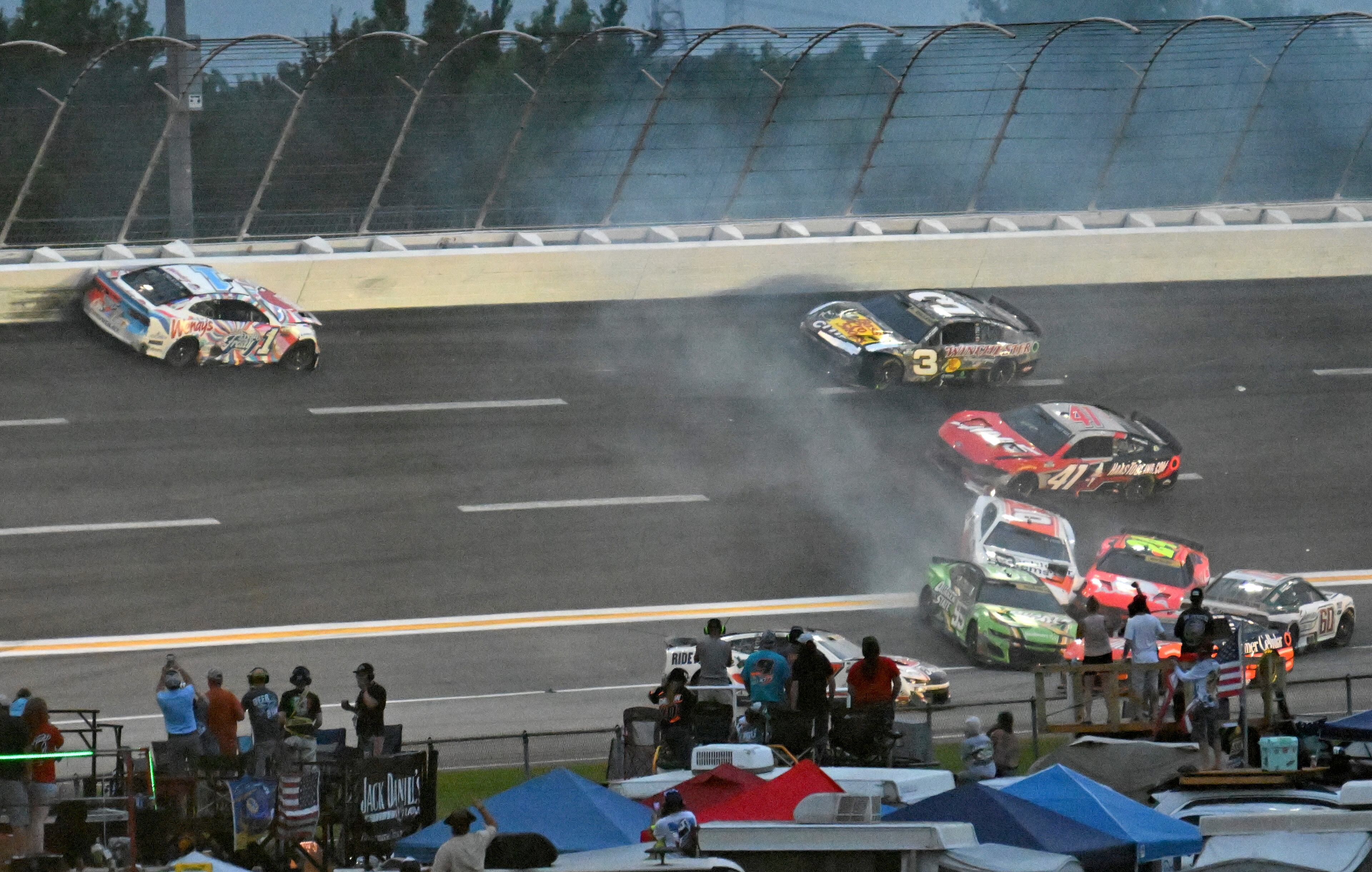 Twenty plus cars tangle up during Quaker State 400 NASCAR Cup Series race at EchoPark Speedway, Saturday, June 28, 2025, in Hampton. (Hyosub Shin / AJC)