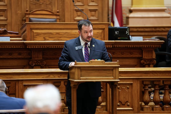 FILE - State Sen. Jason Anavitarte, R-Dallas, speaks in favor of Senate Bill 344 at the Georgia State Capitol, Tuesday, Feb. 6, 2024, in Atlanta. The legislation would make firearms and accessories tax exempt during hunting season. (Natrice Miller/Atlanta Journal-Constitution via AP, file)