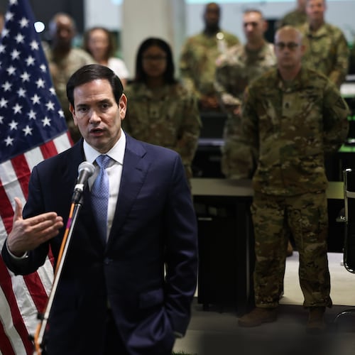 US Secretary of State Marco Rubio speaks to the media after visiting the Civil-Military Coordination Center in Southern Israel, Friday, Oct. 24, 2025. (Fadel Senna/Pool Photo via AP)
