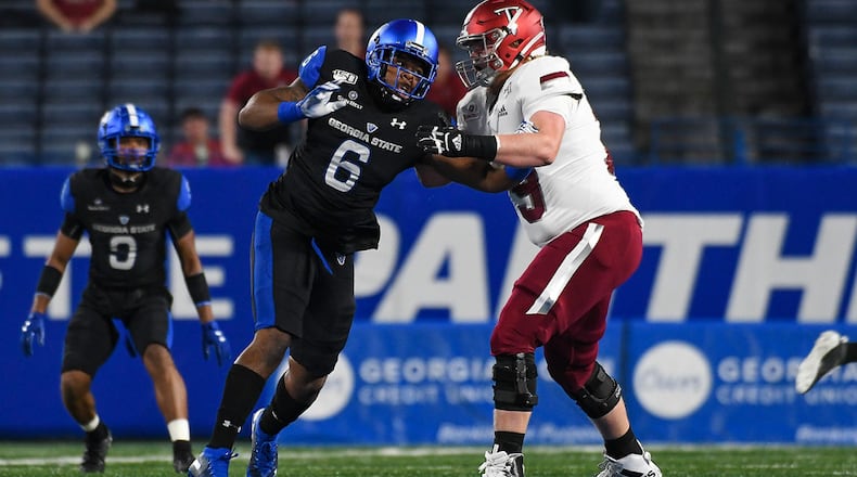 Georgia State linebacker Trajan Stephens-McQueen in action against Troy on Oct. 26, 2019 at Georgia State Stadium. (Photo by Todd Drexler/Georgia State Athletics)