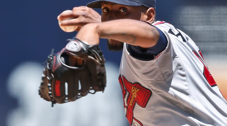 Atlanta Braves starting pitcher Julio Teheran throws to a San Diego Padres batter during the first inning of a baseball game Wednesday, Aug. 19, 2015, in San Diego. (AP Photo/Lenny Ignelzi)