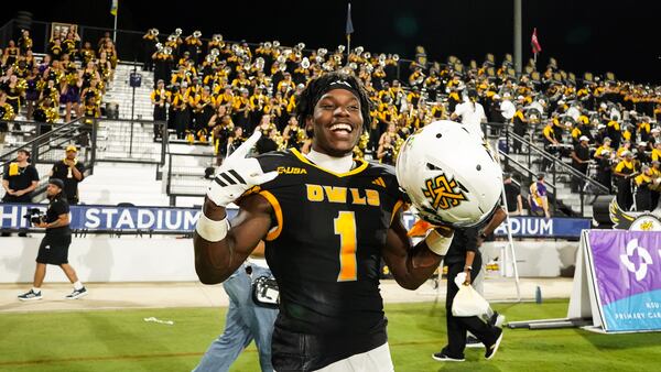Gabriel Benyard celebrates a big play at Kennesaw State in defeat Arkansas State on Sept. 20, 2025. (Courtesy of Kennesaw State Athletics)
