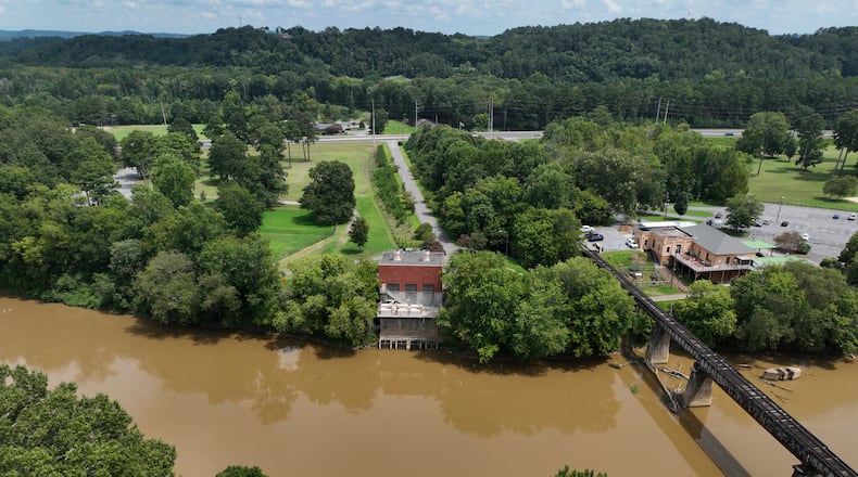 August 23, 2022 Chatsworth - Aerial photograph shows  Oostanaula Rome Water Pump Station (center) by Oostanaula River, where the city used to draw water, in Rome on Tuesday, August 23, 2022. (Hyosub Shin / Hyosub.Shin@ajc.com)