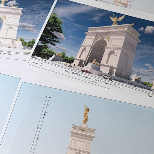 FILE - Artist renderings and diagrams for President Donald Trump's new triumphal arch released by the U.S. Commission of Fine Arts that is planned to be built in Washington between the Lincoln Memorial and Arlington National Cemetery, are photographed, April 10, 2026. (AP Photo/Jon Elswick, file)