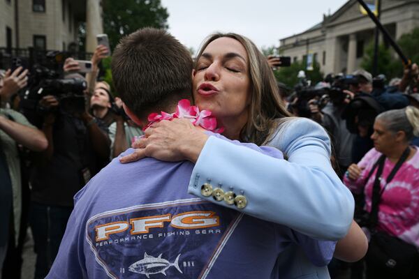 Karen Read embraces a supporter as she leaves the courthouse at the start of the third day of jury deliberations in her trial at Norfolk Superior Court, Wednesday, June 18, 2025, in Dedham, Mass. (AP Photo/Josh Reynolds)