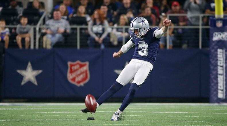Dallas Cowboys kicker Kai Forbath (3) kicks against the Los Angeles Rams in Arlington, Texas, Sunday, Dec. 15, 2019. (AP Photo/Ron Jenkins)