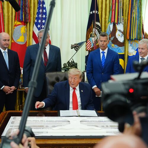President Donald Trump speaks in the Oval Office of the White House about Dulles International Airport modernization, Wednesday, July 29, 2026, in Washington. (AP Photo/Julia Demaree Nikhinson)