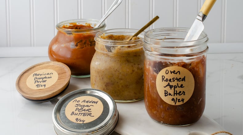 These small-batch refrigerator fruit butters are easy to "put up." From left: Mexican Pumpkin Puree, No Added Sugar Pear Butter and Oven Apple Butter. Courtesy of Virginia Willis