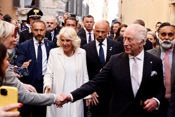 Britain's King Charles III and Queen Camilla in Rome, Wednesday, April 9, 2025. (Vincenzo Livieri, Pool Photo via AP)