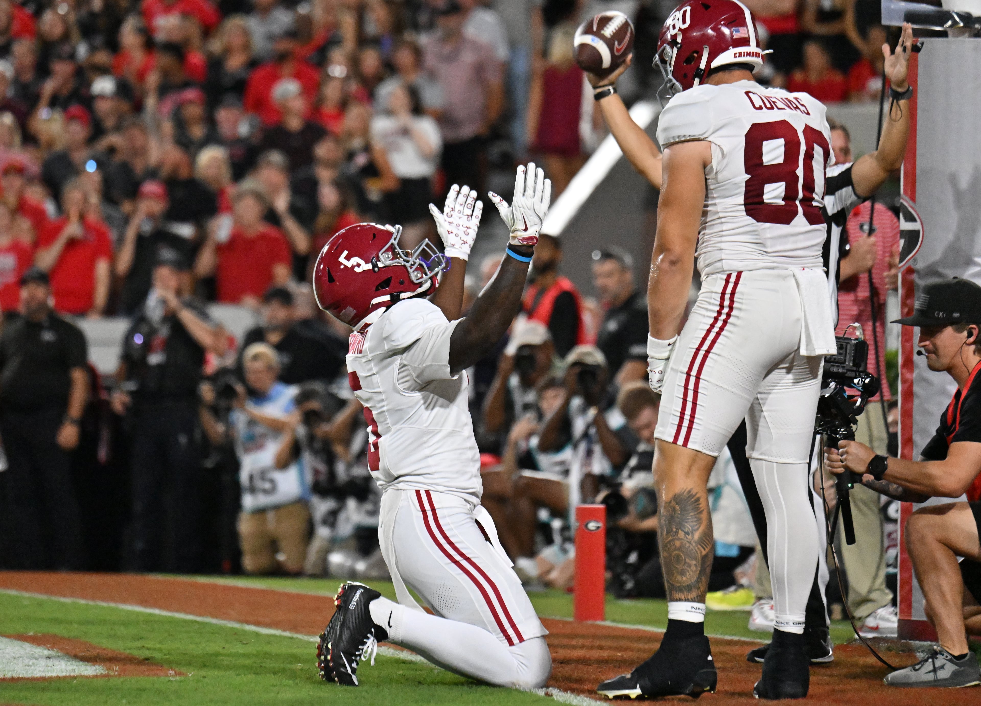 Alabama wide receiver Germie Bernard (5) celebrates after scoring a touchdown during the first half in an NCAA football game at Sanford Stadium, Saturday, September 27, 2025, in Athens. (Hyosub Shin / AJC)