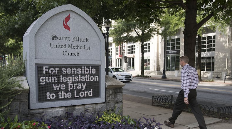 The St. Mark’s United Methodist Church sign displays a message regarding the recent mass shootings in El Paso and Dayton outside of its campus in Atlanta’s Midtown community. ALYSSA POINTER / ALYSSA.POINTER@AJC.COM
