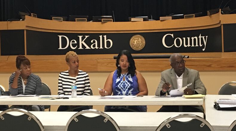 The DeKalb Audit Oversight Committee pictured on Aug. 11, 2017. From left: Harmel Codi, Gena Major, Monica Miles and Harold Smith. MARK NIESSE / MARK.NIESSE@AJC.COM