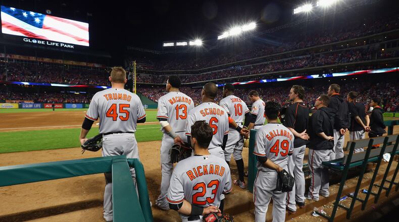 The Baltimore Orioles stand during the singing of 'God Bless America' during play against the Texas Rangers at Globe Life Park in Arlington on April 16, 2016 in Arlington, Texas.