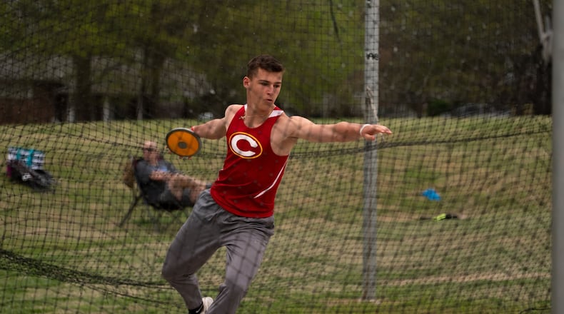 Clarke Central sophomore Jackson Brooks throws the discus during a meet April 2 at Winder-Barrow. Brooks won the area decathlon last month and is competing at sectionals this weekend. (Courtesy of Noah Buice)