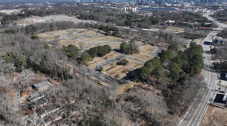 Areal photograph shows Microsoft's Westside property near Westside Park off Donald Lee Hollowell Parkway (right), Friday, Feb. 3, 2023, in Atlanta. Microsoft confirmed Friday it has stopped work on its gigantic campus in Atlanta’s Westside that was poised to bring thousands of jobs, act as a new hub for the technology giant and become a defining cornerstone of the area. (Hyosub Shin / Hyosub.Shin@ajc.com)