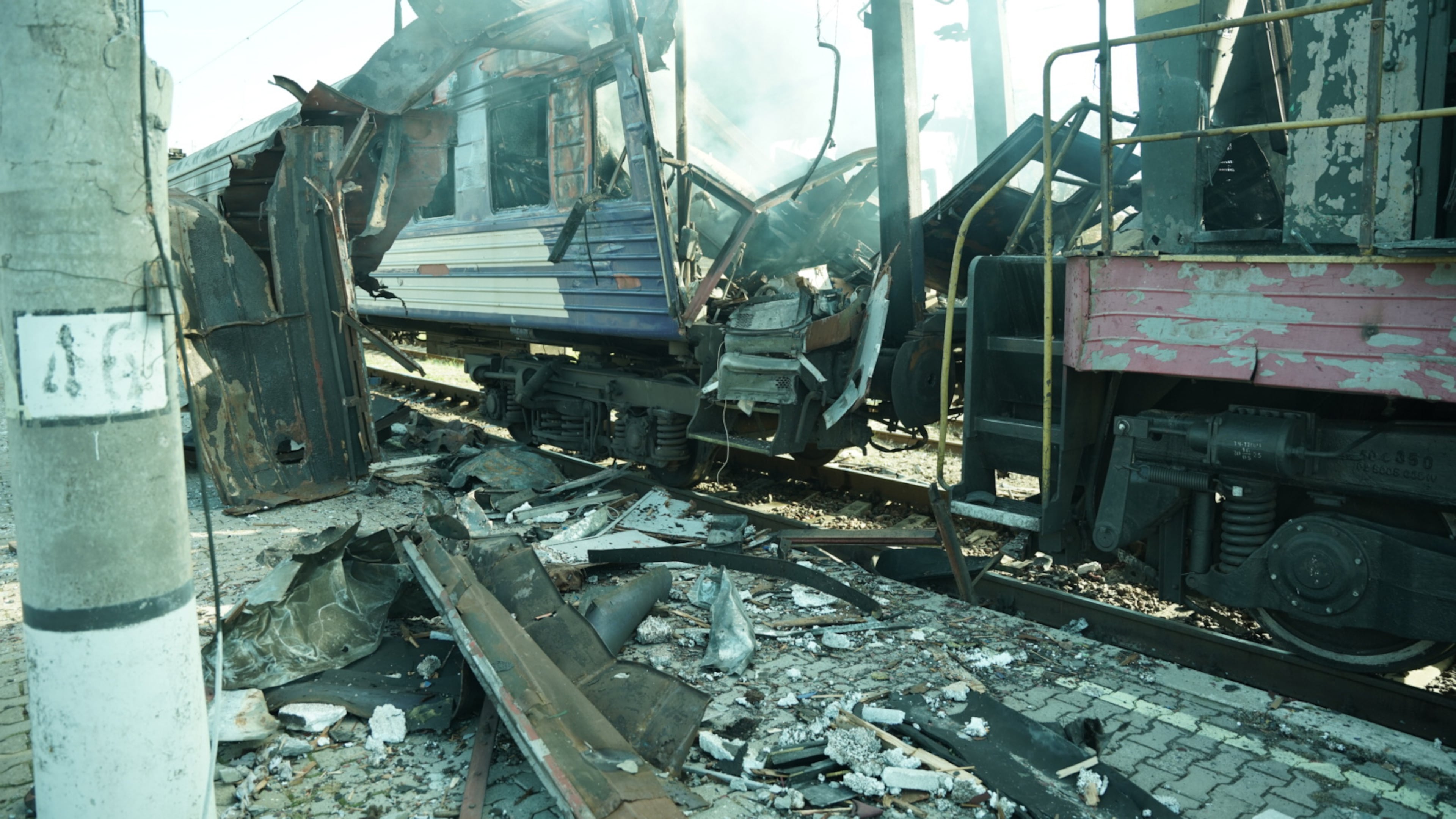 A passenger train is seen damaged following Russia's drone attack on a railway station in Shostka, Sumy region, Ukraine, Saturday, Oct. 4, 2025. (AP Photo/Kordon Media)