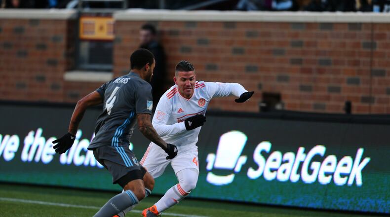 Atlanta United's Greg Garza dribbles in the first half against Minnesota United on Saturday. (Atlanta United)