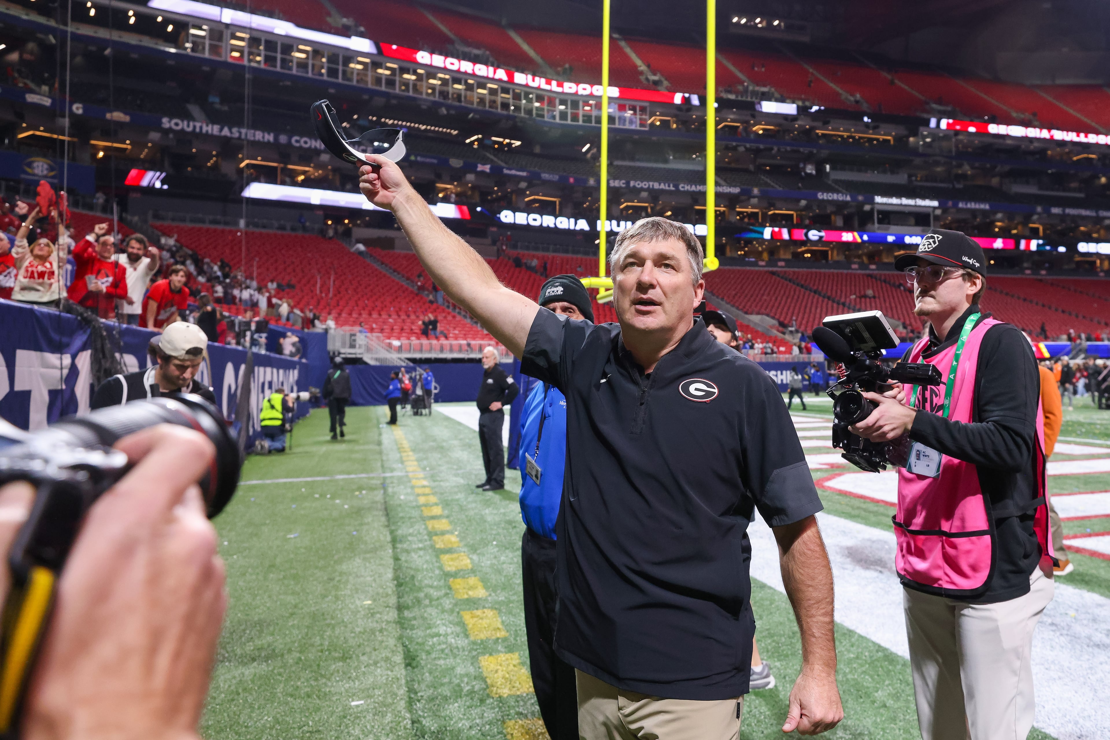 Georgia head coach Kirby Smart celebrates a 28-7 victory over Alabama in the SEC Championship game at Mercedes-Benz Stadium, Saturday, Dec. 6, 2025, in Atlanta. (Jason Getz / AJC)