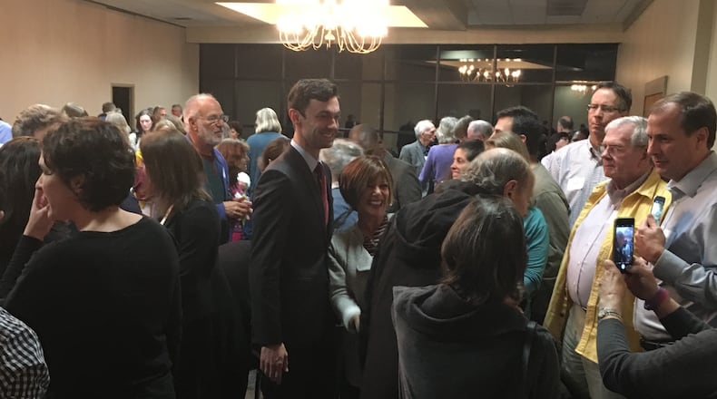 Democrat Jon Ossoff greets voters in Dunwoody. AJC/Greg Bluestein