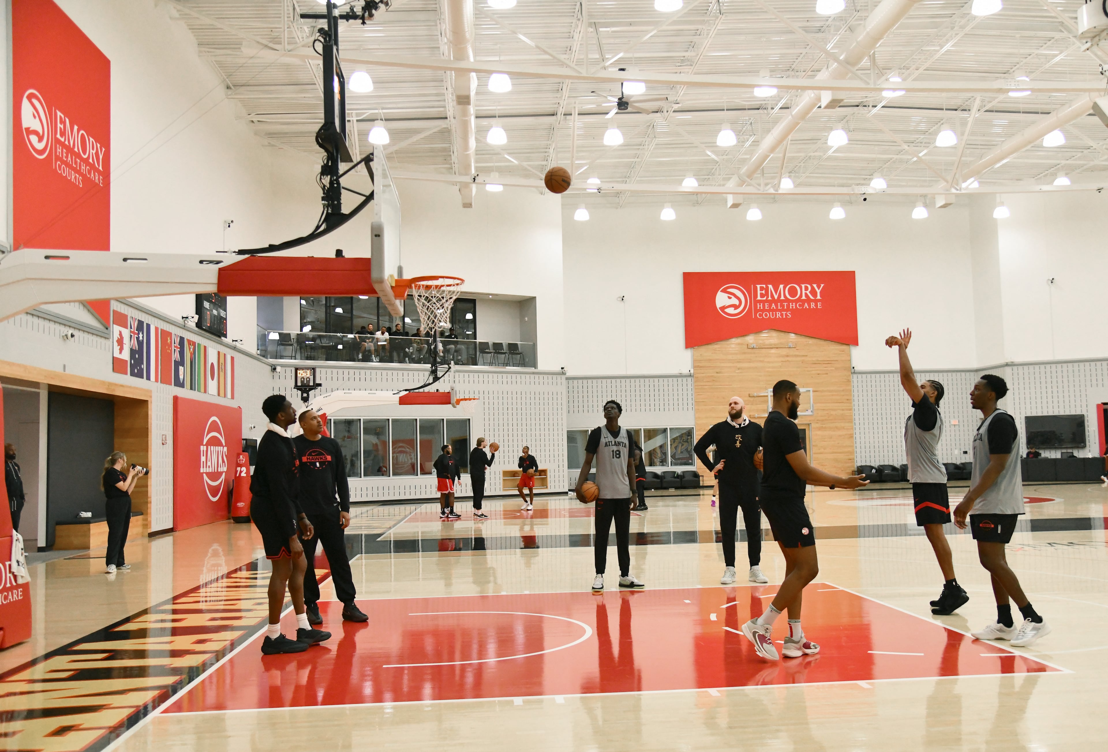 Atlanta Hawks players run drills during the first day of training camp inside the team’s practice facility at the Emory Sports Medicine Complex on Tuesday, Sept. 30, 2025, in Brookhaven. (Hyosub Shin/AJC)