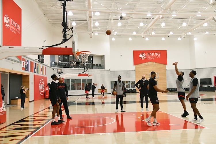 Atlanta Hawks players run drills during the first day of training camp inside the team’s practice facility at the Emory Sports Medicine Complex on Tuesday, Sept. 30, 2025, in Brookhaven. (Hyosub Shin/AJC)