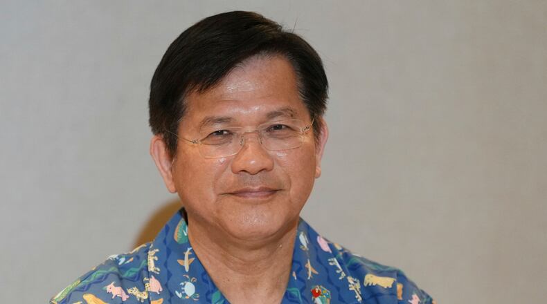 Taiwan's Foreign Minister Lin Chia-lung speaks to reporters during the Pacific Islands Forum Leaders Meeting in Koror, Palau, Tuesday, Sept. 1, 2026. (AP Photo/Charlotte Graham-McLay)
