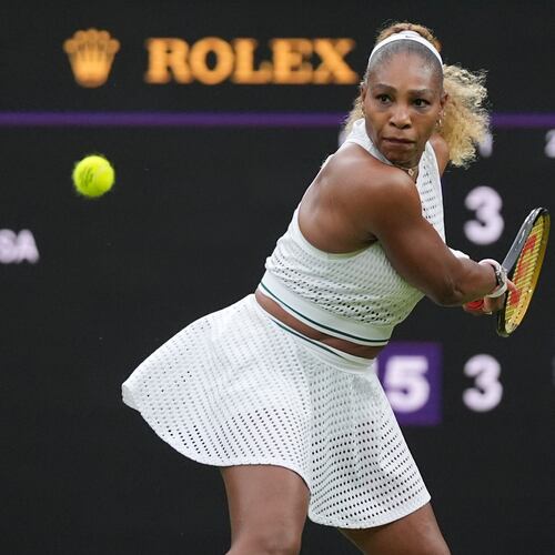 Serena Williams of the United States plays a backhand against Maya Joint of Australia in their first round women's singles match at the Wimbledon Tennis Championships in London, Tuesday, June 30, 2026. (AP Photo/Maja Smiejkowska)