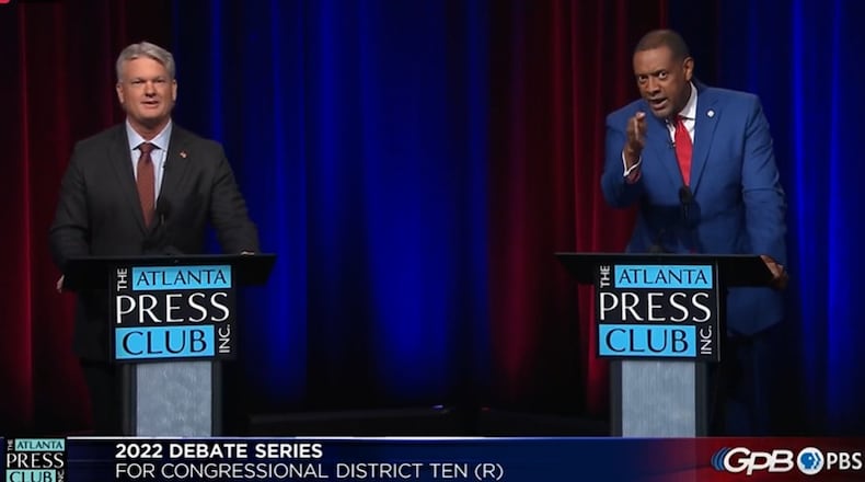 Trucking company owner Mike Collins (left) and former state Rep. Vernon Jones participate in the Atlanta Press Club debate ahead of the Republican runoff in Georgia's 10th Congressional District. Screenshot of Georgia Public Broadcasting livestream.