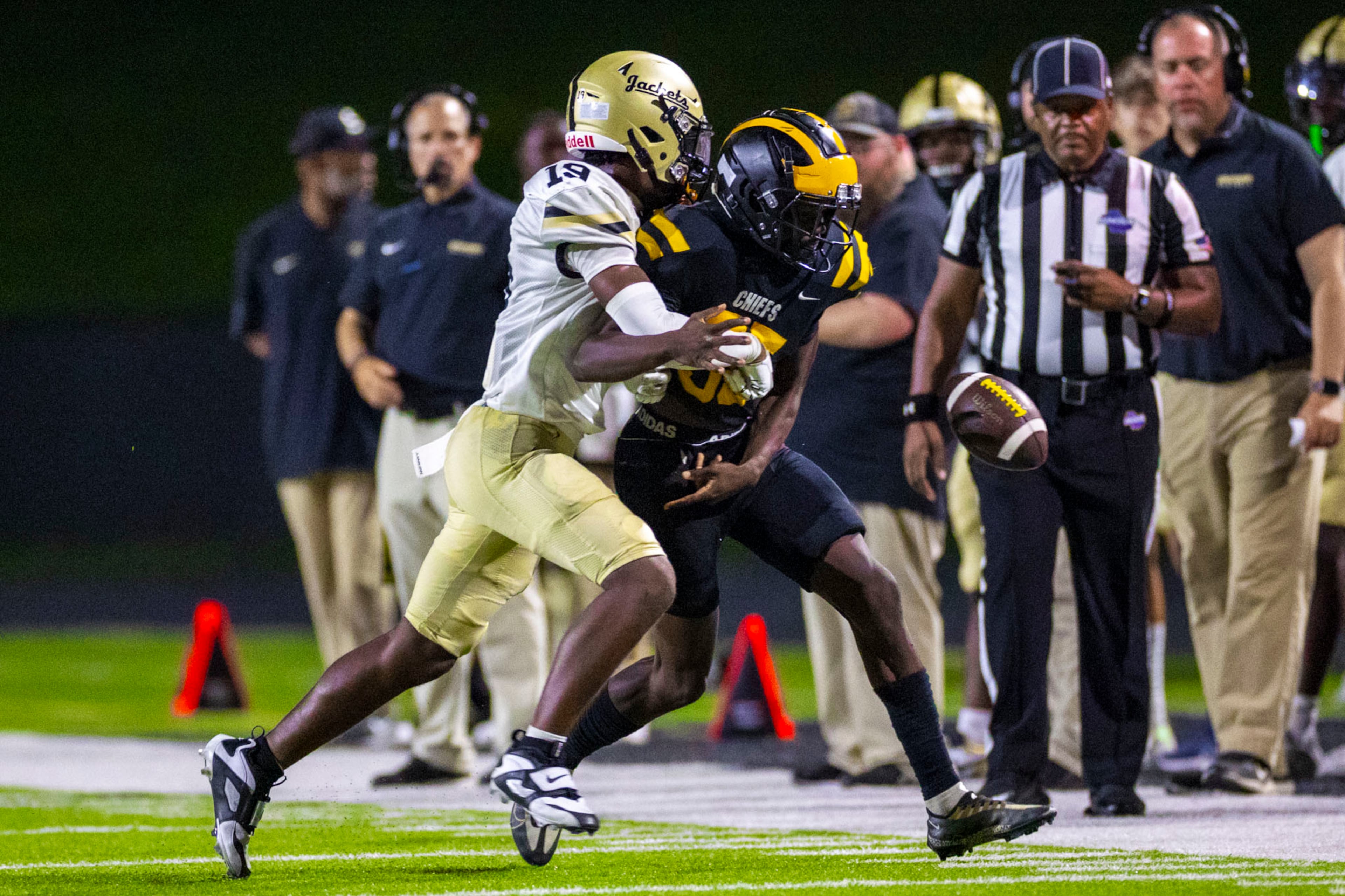 Sprayberry defensive back Nathan Thompson (#19) tackles Sequoyah's Easton Brown (#35) during the second half against Sequoyah at Skip Pope Stadium in Canton, GA on Friday, Sept. 12th, 2025. (Oscar Guevara Saenz for the Atlanta Journal Constitution)