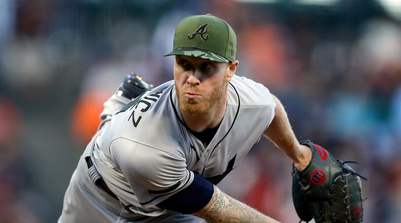 Braves pitcher Mike Foltynewicz throws against the San Francisco Giants Saturday. (AP Photo/Ben Margot)