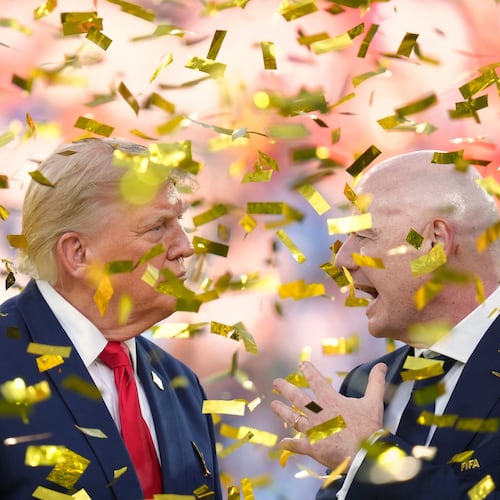 President Donald Trump, left, speaks with FIFA President Gianni Infantino as confetti falls at the conclusion of the World Cup championship final soccer match between Spain and Argentina in East Rutherford, N.J., Sunday, July 19, 2026. (AP Photo/Jacquelyn Martin)