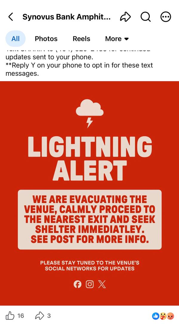 Synovus Bank Amphitheater provided updates on The Guess Who concert on X, Facebook and Instagram. Weather delays allowed the show to go past the 11 p.m. curfew. (Facebook screenshot)