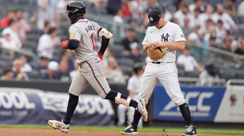 Atlanta Braves' Ozzie Albies (1) runs the bases after hitting a two-run home run against the New York Yankees during the first inning of a baseball game Friday, June 21, 2024, in New York. (AP Photo/Frank Franklin II)
