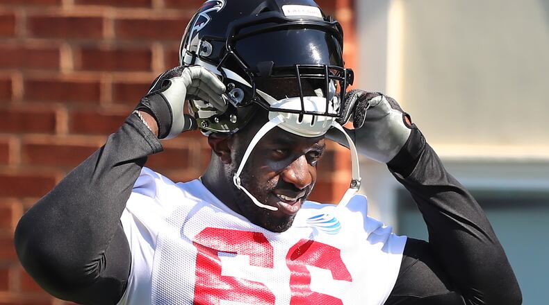 Falcons defensive end Allen Bailey suits up for practice during training camp on Thursday, July 25, 2019, in Flowery Branch.