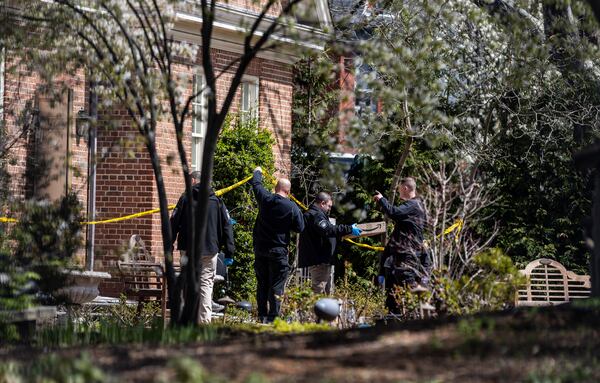Police investigate Gov. Josh Shapiro's residence after someone set fire to the building on Sunday, April 13, 2025 in Harrisburg, Pa. (Sean Simmers /The Patriot-News via AP)