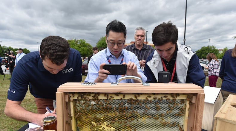 Delta employees take pictures of a display bee hive during an event revealing three bee hives via partnership with Bee Downtown at Delta headquarters. HYOSUB SHIN / HSHIN@AJC.COM