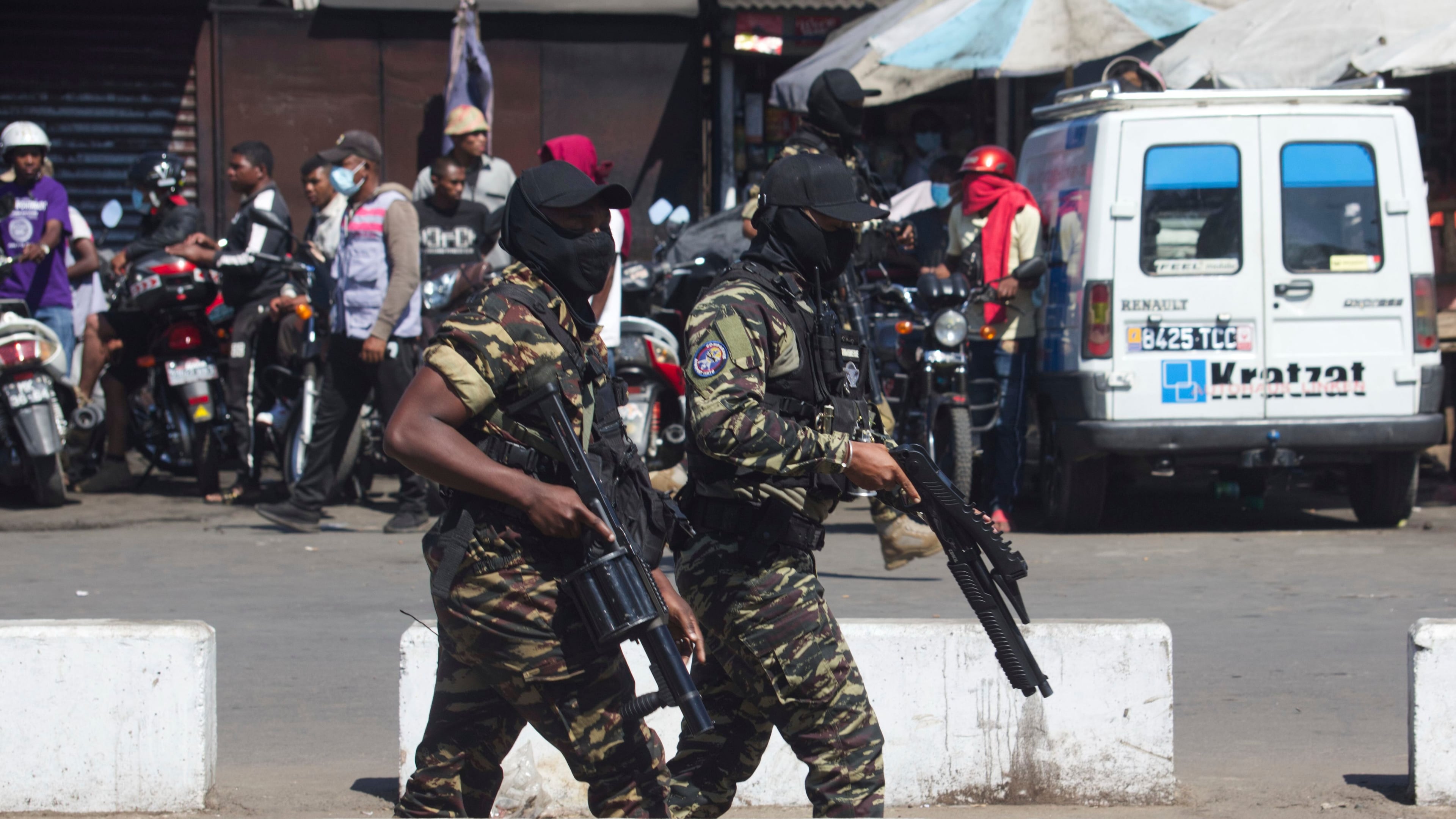 Police patrol the streets during a protest calling for the president to step down in Antananarivo, Madagascar, Thursday, Oct. 9, 2025. (AP Photo/Alexander Joe)