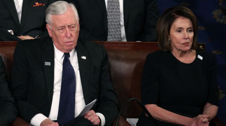 WASHINGTON, DC - JANUARY 30:  U.S. Rep Steny Hoyer (D-MD) and U.S. House Minority Leader Nancy Pelosi (D-CA) watch during the State of the Union address in the chamber of the U.S. House of Representatives January 30, 2018 in Washington, DC. This is the first State of the Union address given by U.S. President Donald Trump and his second joint-session address to Congress.  (Photo by Alex Wong/Getty Images)