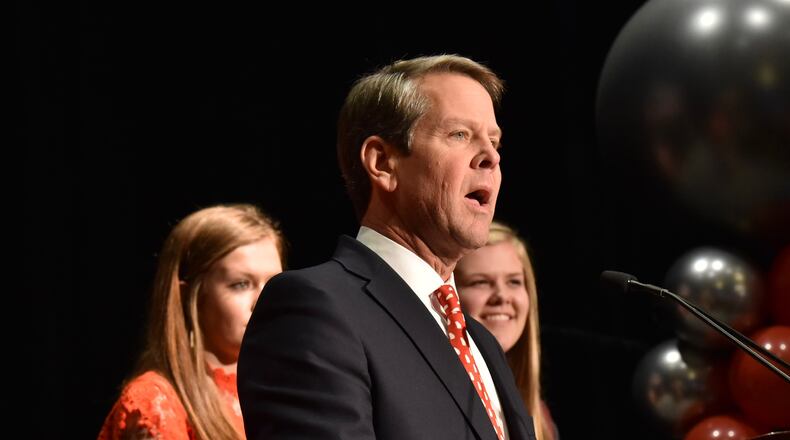 Republican Brian Kemp speaks at his election-watching party. AJC/Hyosub Shin